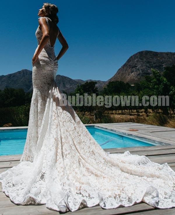 Charming Lace V Neck Mermaid Elegant Long Bridal Wedding Dresses, BGW004 - Bubble Gown