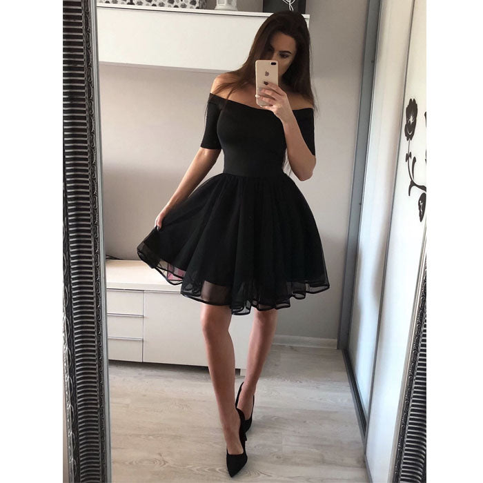 Black Off the Shoulder Short Sleeves Simple Short Homecoming Dresses, BH116 - Bubble Gown