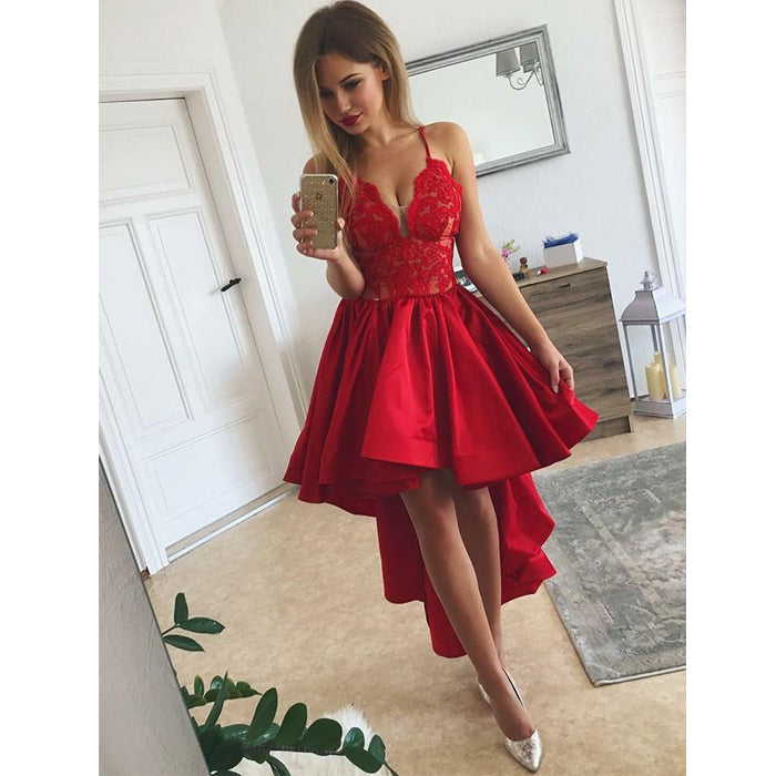 Popular High Low Spaghetti Strap Lace Red Short Homecoming Dresses, BH119