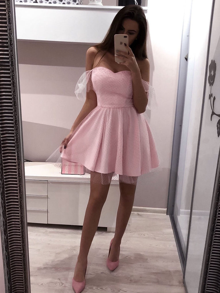 Pink Off the Shoulder Lovely Sweetheart Short Homecoming Dresses, BH123