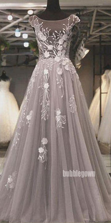 Grey Jewel Neck Cap Sleeves A-line Prom Dress FP1192
