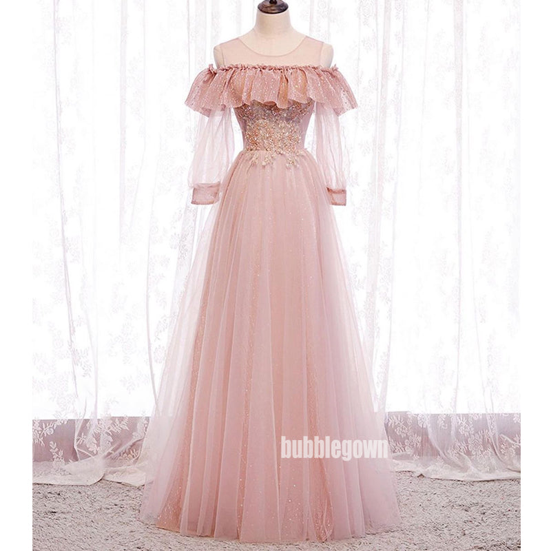 Pink Princess Long Sleeves Tulle Prom Dress  FP1194