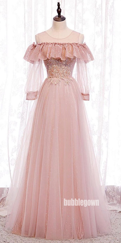 Pink Princess Long Sleeves Tulle Prom Dress  FP1194