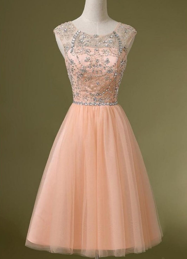 Peach Tulle Beaded Short Cute Graduation Homecoming Dresses, BG51489