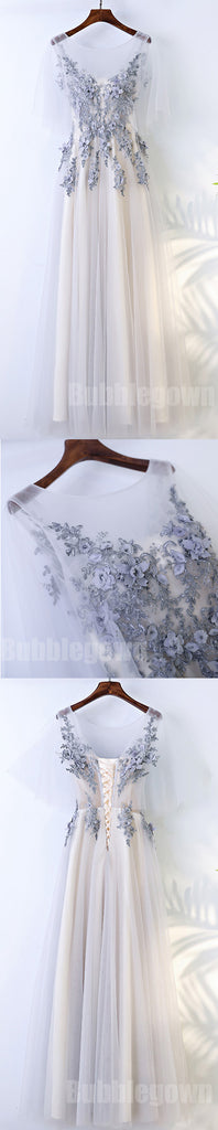 Beautiful Half Sleeves Tulle Applique Elegant Cheap Long Prom Dresses, BGP022 - Bubble Gown