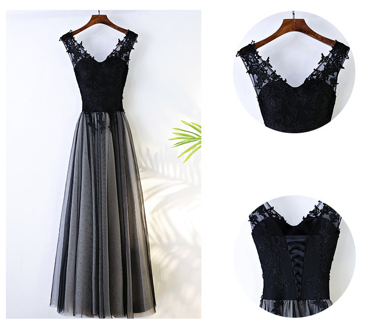 Black V Neck Formal Tulle Applique Lace Up Back Long Prom Dresses, BGP020 - Bubble Gown