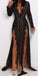 Sexy Black Lace Long Sleeves V Neck Splits Long Evening Prom Dresses, WP020