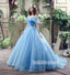 Popular Off the Shoulder Blue Lace Up Back Long Prom Dress Ball Gown BGP080