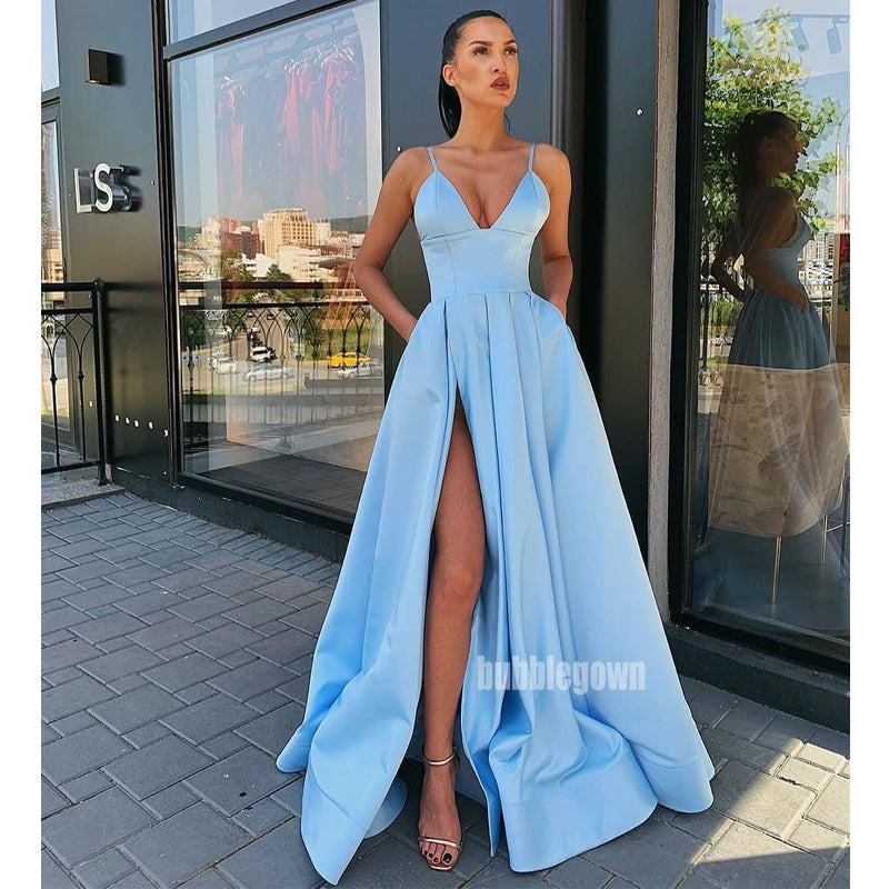 A-line Spaghetti Strap Side Slit Long Bridesmaid Prom Dresses GDW110