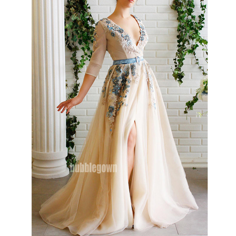 Long Sleeves V-neck Side Split A-line Long Prom Dresses FP1123