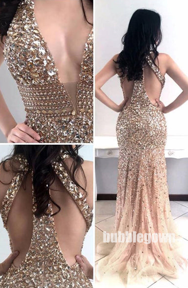 Deep V Neck Sexy Mermaid Backless Heavy Beaded Long Evening Prom Dress, BGP050