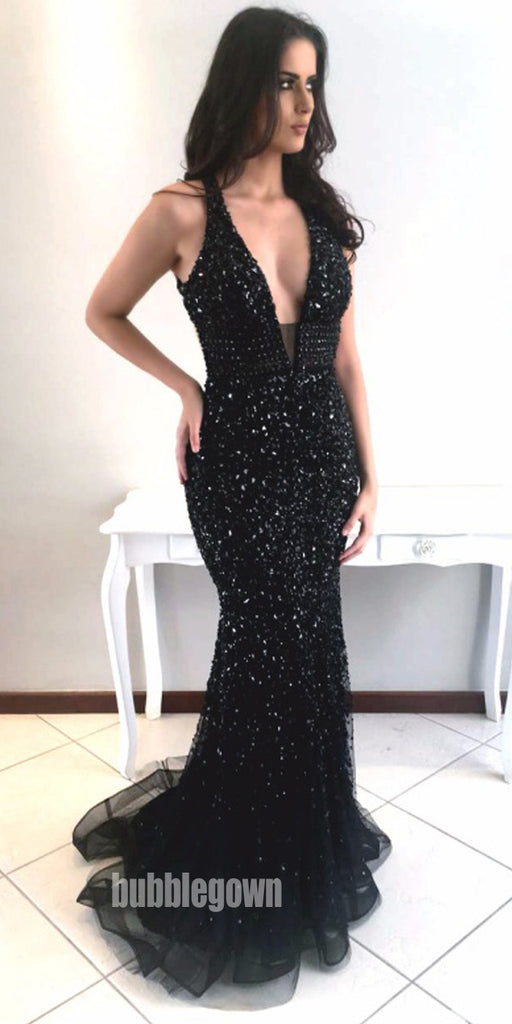 Black Mermaid Open Back Sexy Sparkly Beaded Long Evening Prom Dress, BGP046