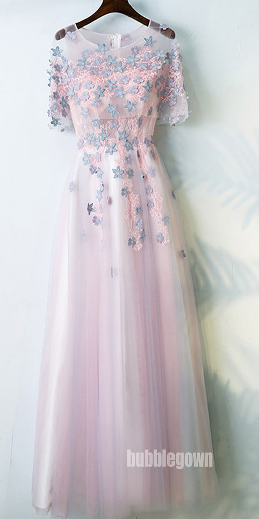 Charming Half Sleeves Tulle Applique Light Pink Cheap Long Prom Dresses, BGP021