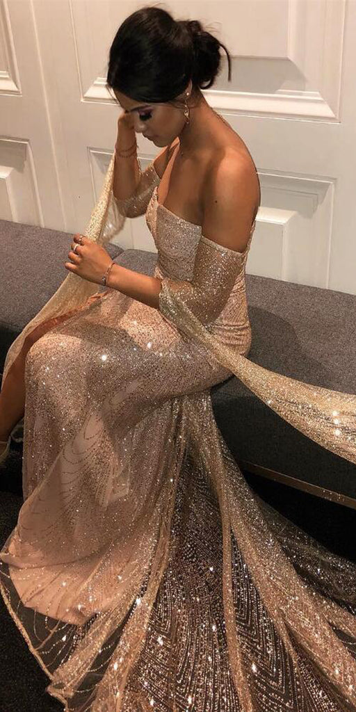 Off the Shoulder Sparkle Long Sleeves Long Prom Dresses, WP023