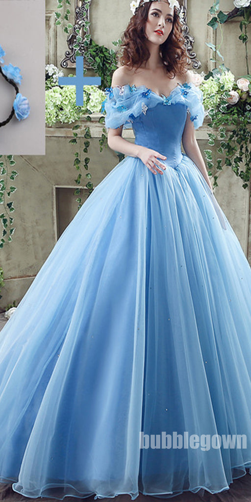 Popular Off the Shoulder Blue Lace Up Back Long Prom Dress Ball Gown BGP080