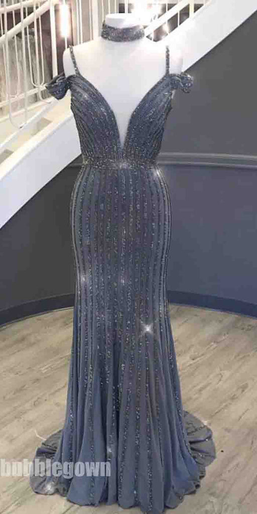 Charming Beaded Off the Shoulder Straps Mermaid Sexy Long Prom Dress, BGP082