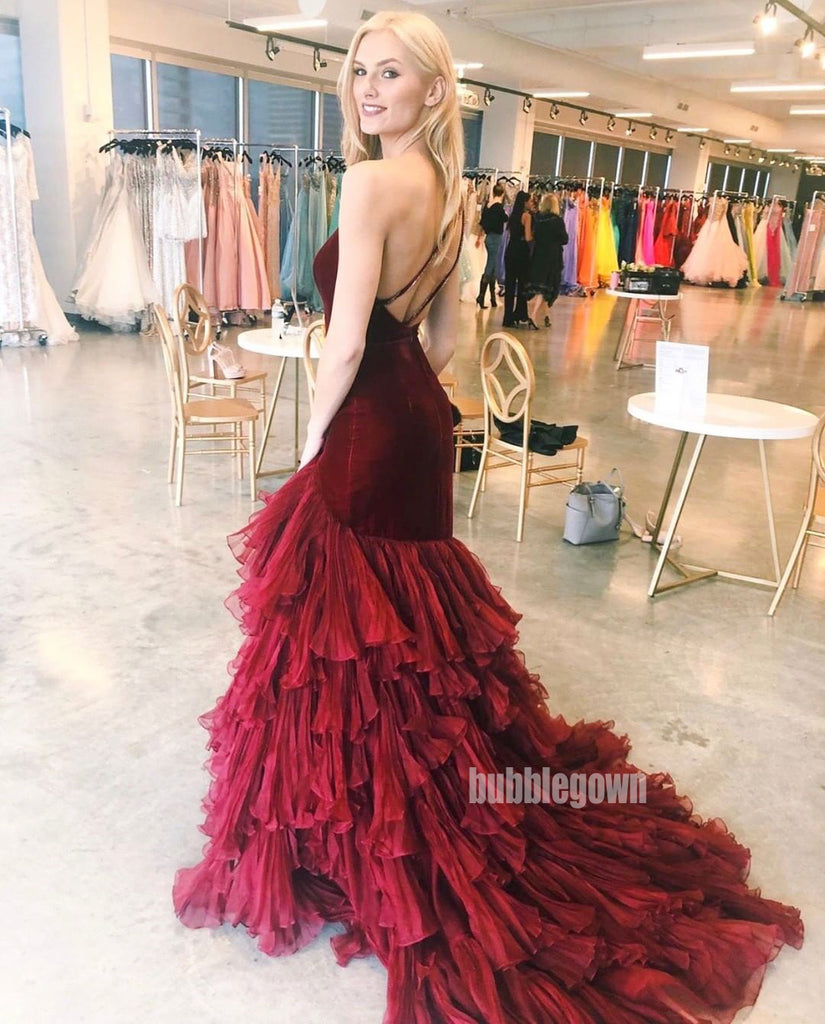 One Shoulder Mermaid Tulle Velvet Long Prom Dresses GDW111