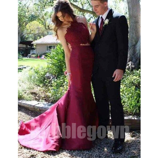 2 Pieces Haler Mermaid Sexy Cheap Long Bridesmaid Prom Dresses, BGP035 - Bubble Gown