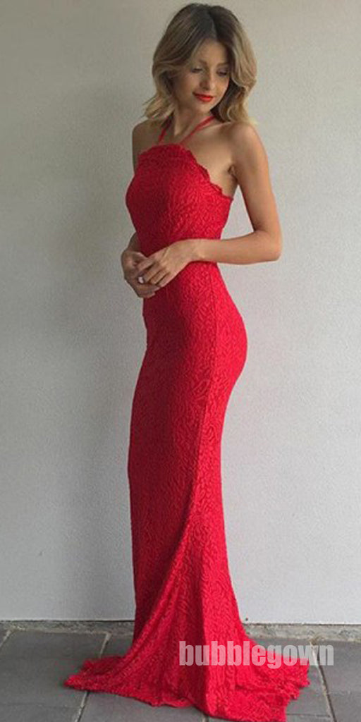 Red Halter Mermaid Sexy Lace Cheap Long Prom Dresses, BGP097