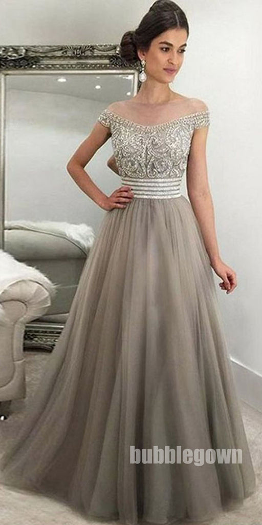 Off the Shoulder Beaded Top Tulle Elegant Evening Long Prom Dress, BGP073