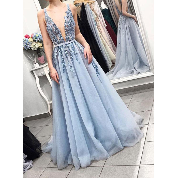 Blue Sexy Deep V Neck Tulle Applique Long Prom Dresses, BGP226