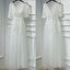 Off White Half Sleeves Tulle Applique Lace Up Back V Neck Long Prom Dresses, BGP005