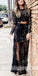 Black Lace Long Sleeves Two Pieces Side Split Sexy Long Prom Dress, BGP058