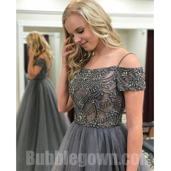 Grey Off the Shoulder Beaded Top Tulle Charming Long Evening Prom Dress, BGP055 - Bubble Gown