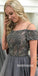 Grey Off the Shoulder Beaded Top Tulle Charming Long Evening Prom Dress, BGP055