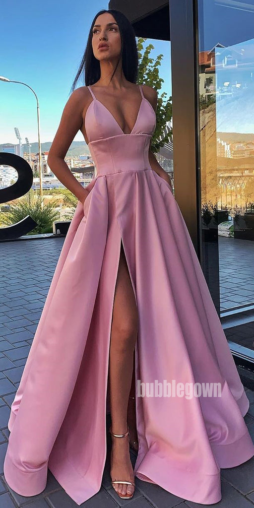 A-line Spaghetti Strap Side Slit Long Bridesmaid Prom Dresses GDW110