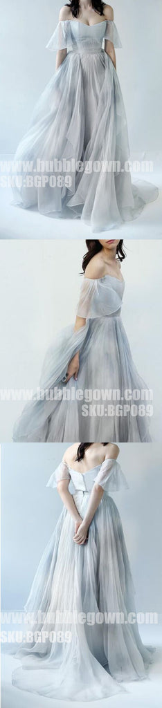 Most Popular Off the Shoulder Short Sleeves Grey Blue Gradient Long Prom Dress, BGP089