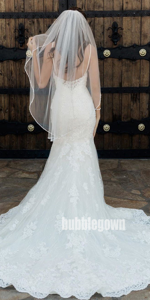 Elegant V-neck Spaghetti Strap Mermaid Lace White Long Wedding Dresses, BGH016