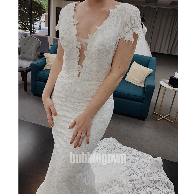 Elegant V-neck Short Sleeve Lace Long Wedding Dresses, BGH020