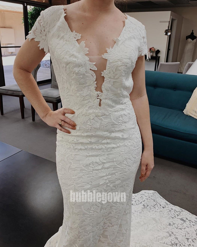 Elegant V-neck Short Sleeve Lace Long Wedding Dresses, BGH020