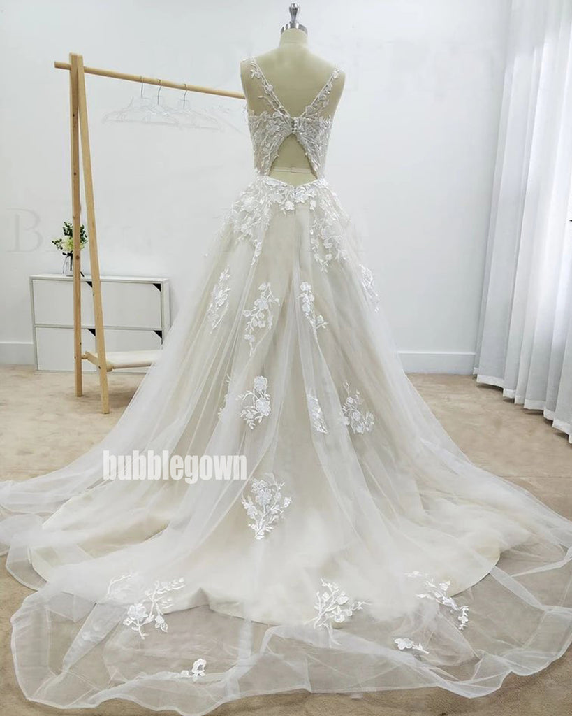 Elegant Flower Sleeveless  Applique Organza Long Wedding Dresses, BGH032