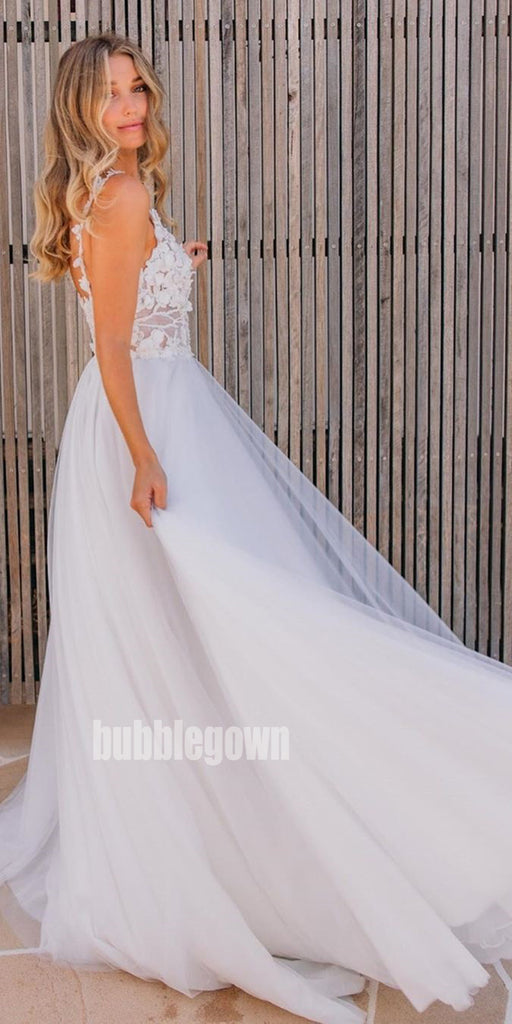 Pretty Flower Spaghetti Strap Applique Tulle Long Wedding Dresses, BGH033