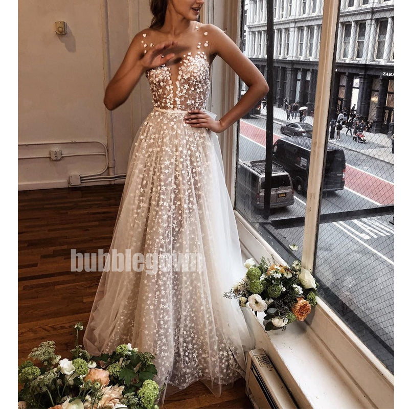 Unique Flower Prints Spaghetti Strap Applique Long Wedding Dresses, BGH036