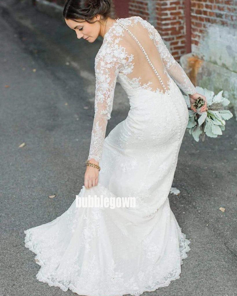 Elegant V-neck Long Sleeve Lace Dream Wedding Dresses, BGH041