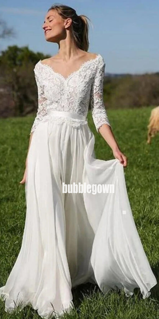 Elegant V-neck Long Sleeve Tulle Long Wedding Dresses, BGH069