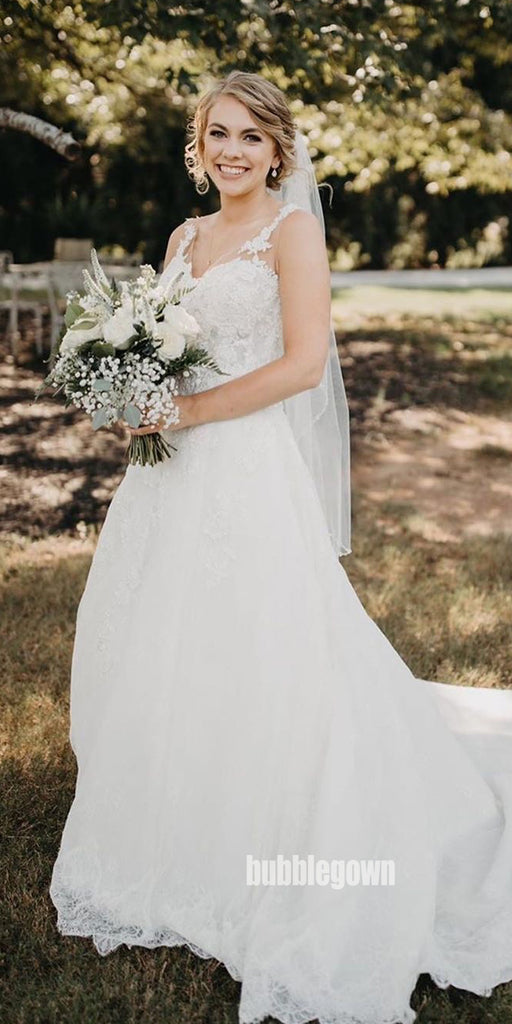 Elegant White V-neck Lace Long Wedding Dresses, BGH076