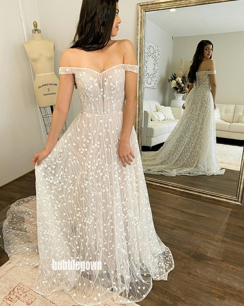 Elegant Off Shoulder Applique Tulle Long Wedding Dresses, BGH080