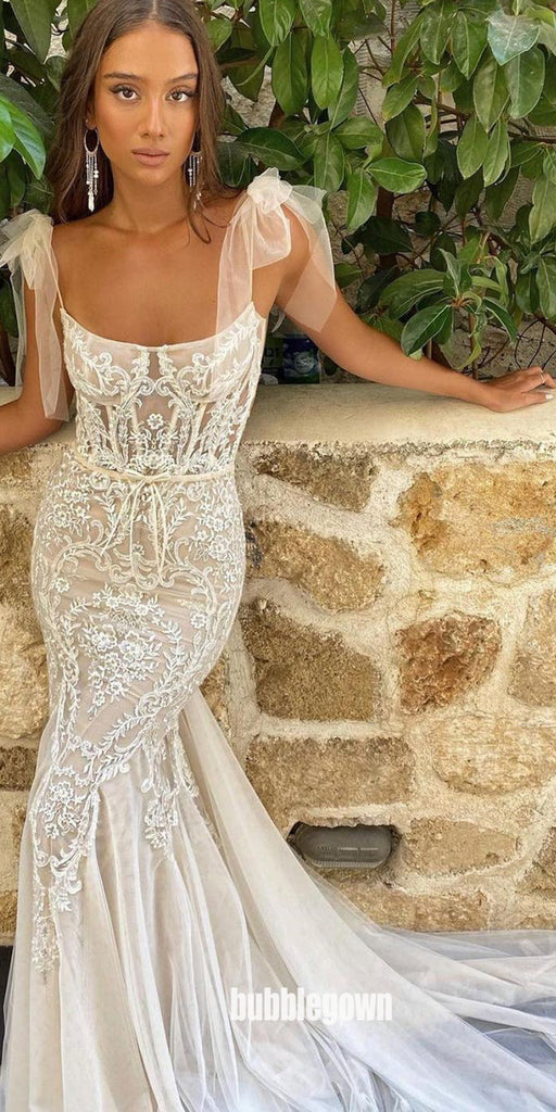 Elegant Spaghetti Strap Lace Mermaid Wedding Dresses, BGH084