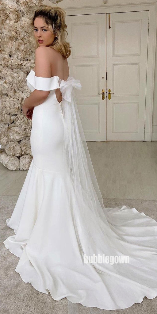 Pretty Off-shoulder White Mermaid Long Wedding Dresses, BGH094