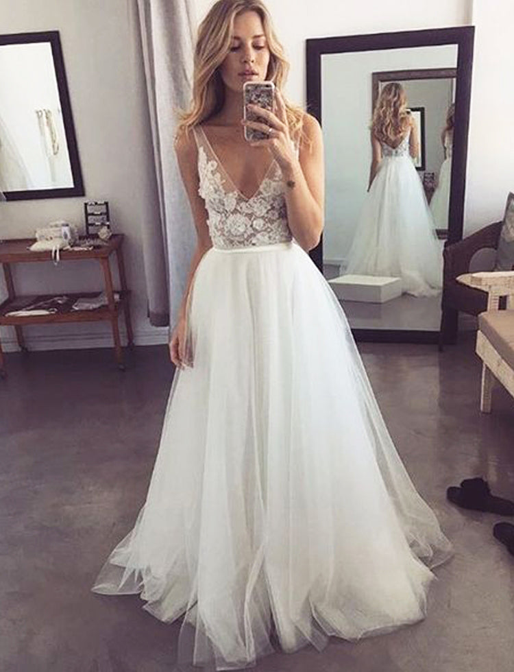 Popular V Neck Formal A Line Tulle Bridal Long Beach Wedding Dresses, BGP270