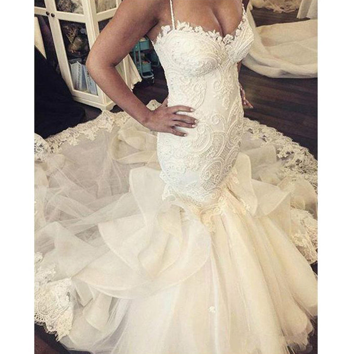 Gorgeous Spaghetti Strap Sweetheart Mermaid Long Wedding Dresses, BGP234 - Bubble Gown