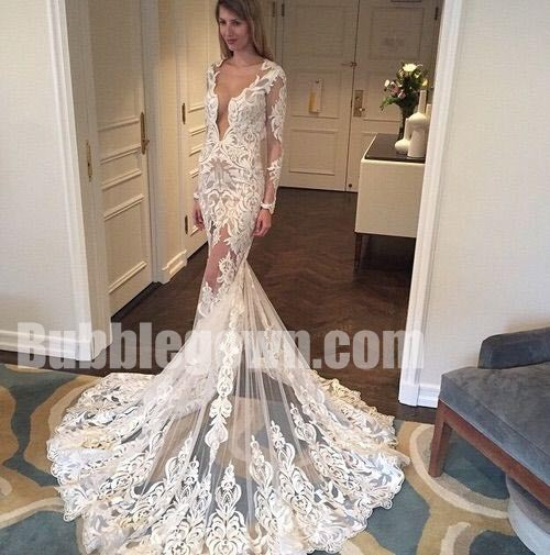 Sexy Long Sleeves Mermaid Deep V Neck Backless Long Wedding Dresses, BGW008