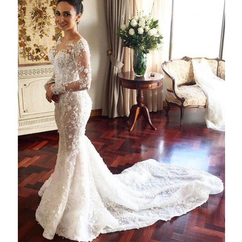 Long Sleeves Mermaid Applique Charming Bridal Long Wedding Dresses, BGP266 - Bubble Gown