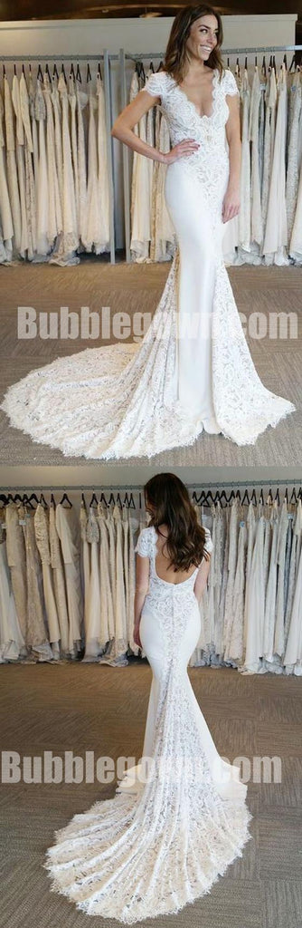 Cap Sleeves V Neck Lace Mermaid Elegant Long Wedding Dresses, BGW009 - Bubble Gown