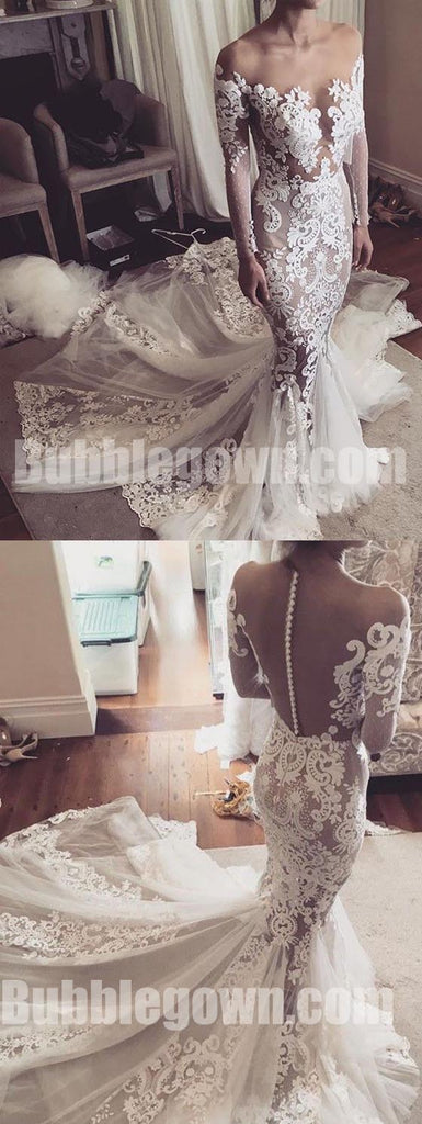 Long Sleeves Seen Through Applique Lace Mermaid Bridal Long Wedding Dresses, BGW011 - Bubble Gown